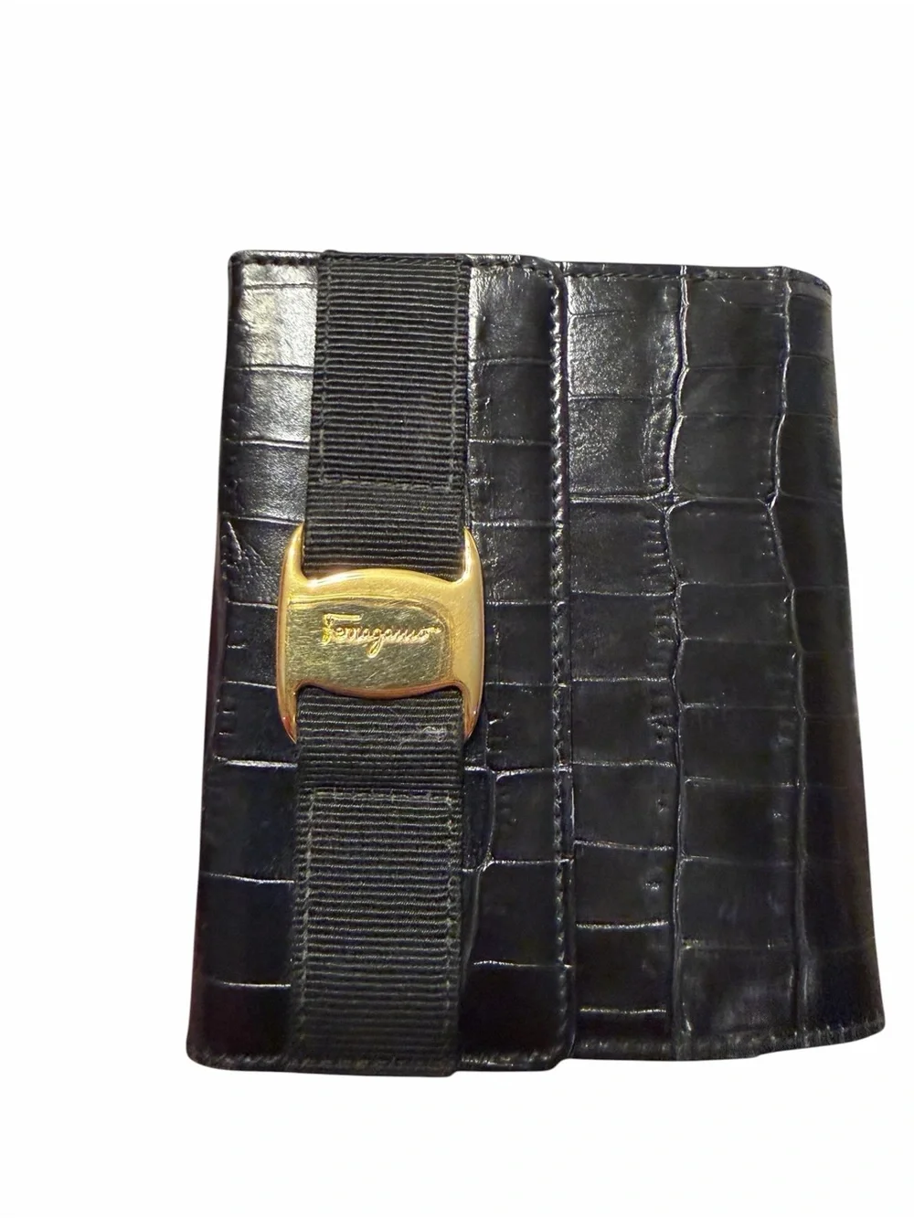 Salvatore Ferragamo Vintage Black Croc-Embossed Vera BiFold Wallet